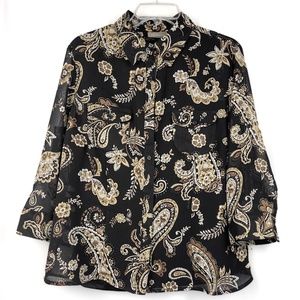 Black and Multicolor Paisley Print Long Sleeved Sheer Blouse with Black Camisole
